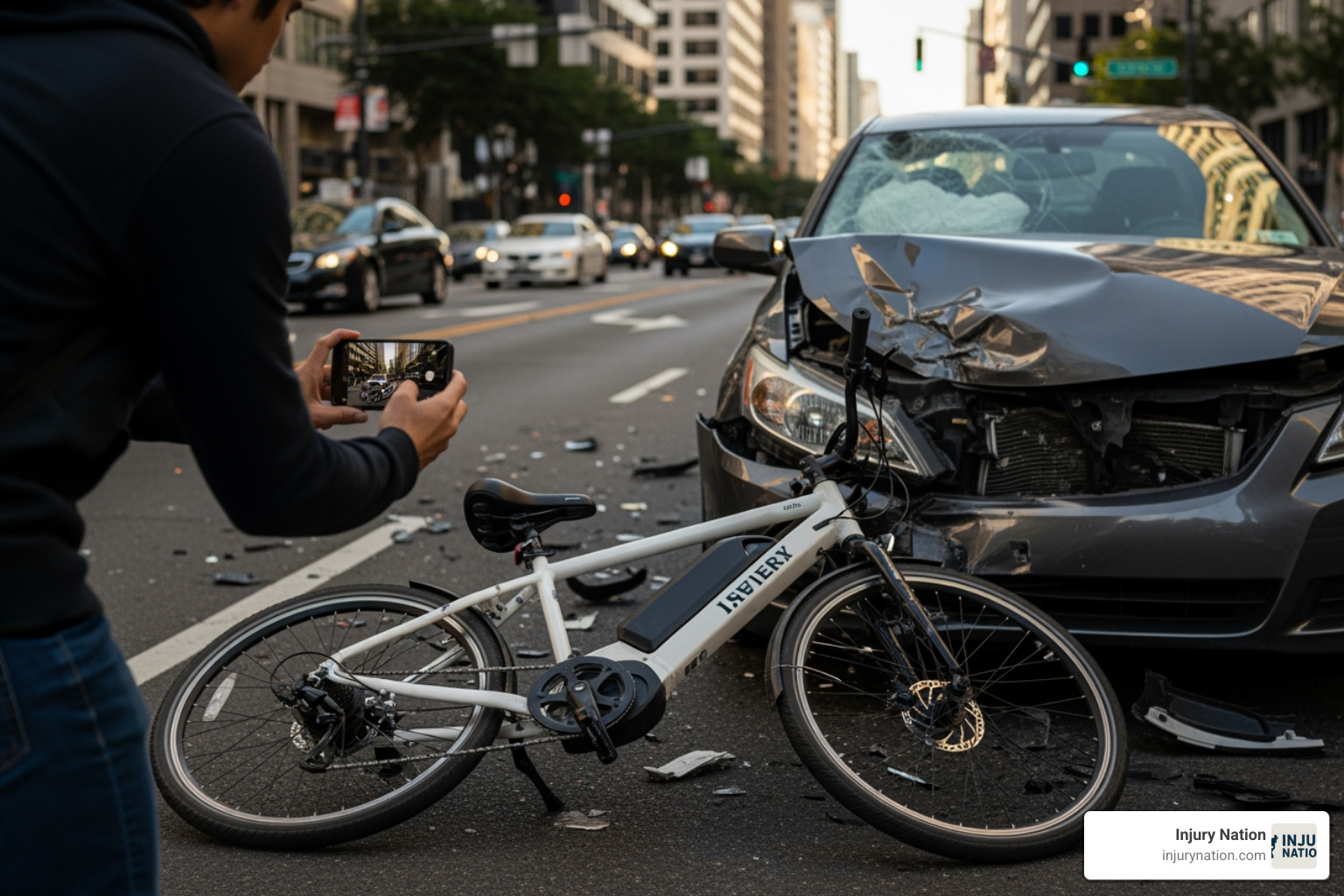 person taking photos of a damaged e-bike and a car with their smartphone - E-bike accident lawyer