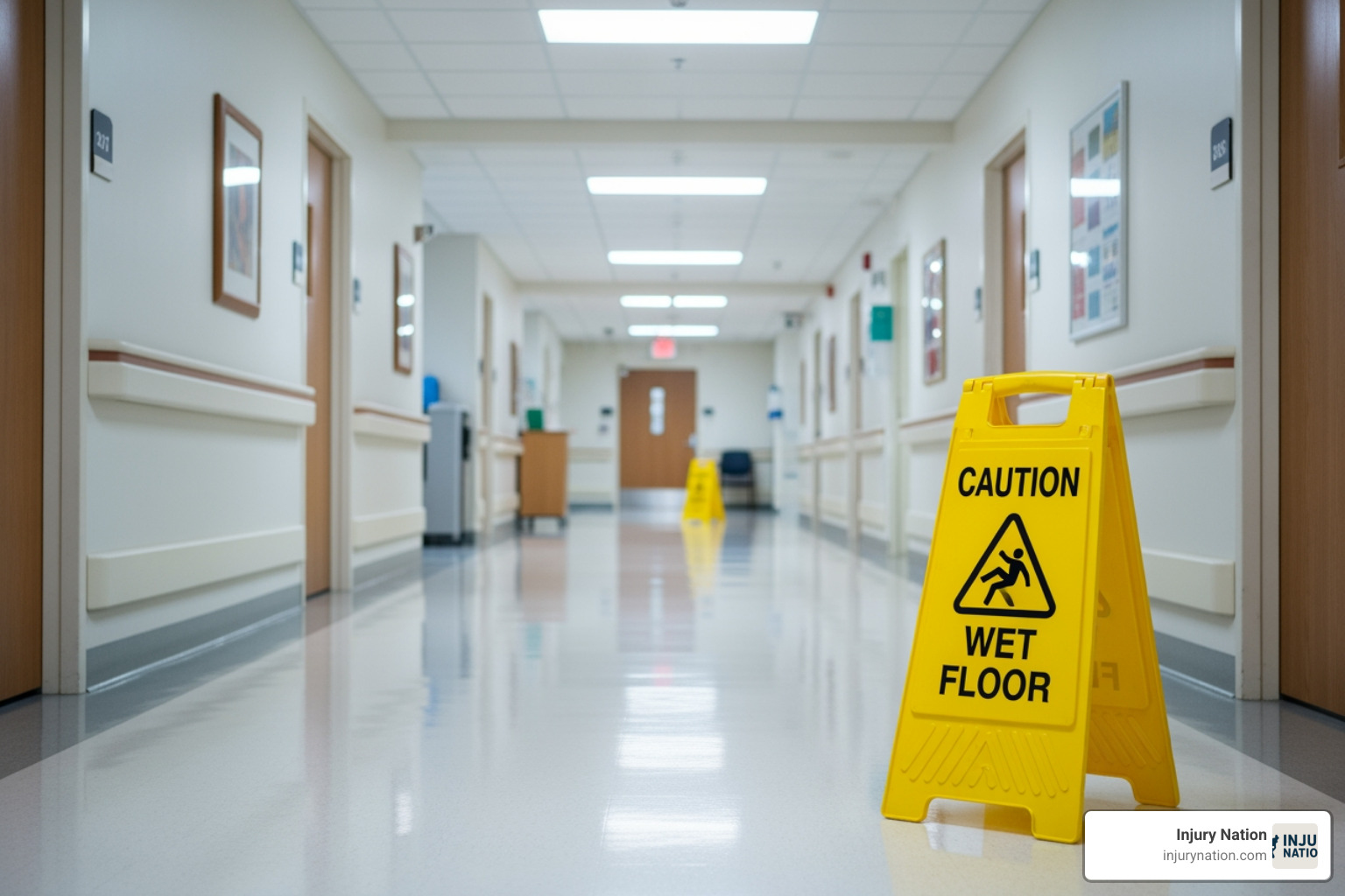hospital hallway with caution sign - Hospital negligence cases