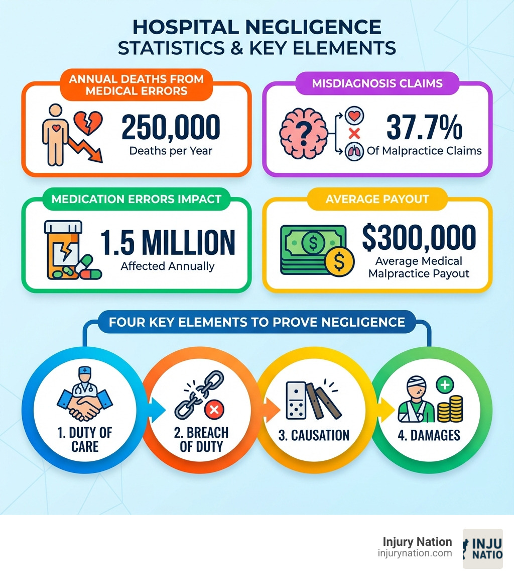 Infographic showing the breakdown of hospital negligence statistics: 250,000 annual deaths from medical errors, 37.7% of claims from misdiagnosis, 1.5 million affected by medication errors annually, average payout of $300,000, and the four key elements required to prove negligence - duty of care, breach of duty, causation, and damages - Hospital negligence cases infographic 
