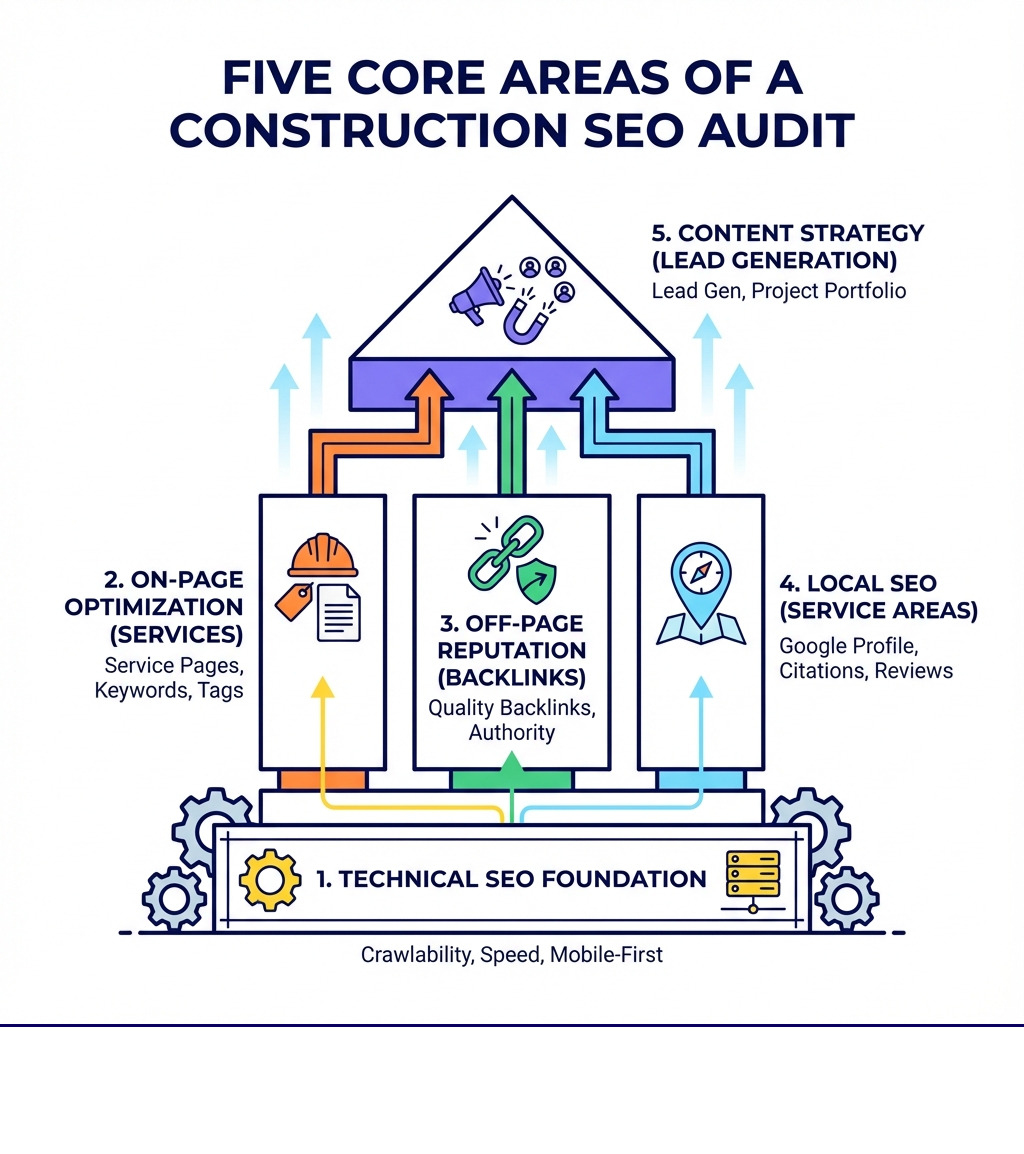 infographic showing the five core areas of a construction SEO audit: technical SEO foundation, on-page optimization for services, off-page reputation building through backlinks, local SEO for service areas, and content strategy for lead generation - seo audit for construction businesses infographic 