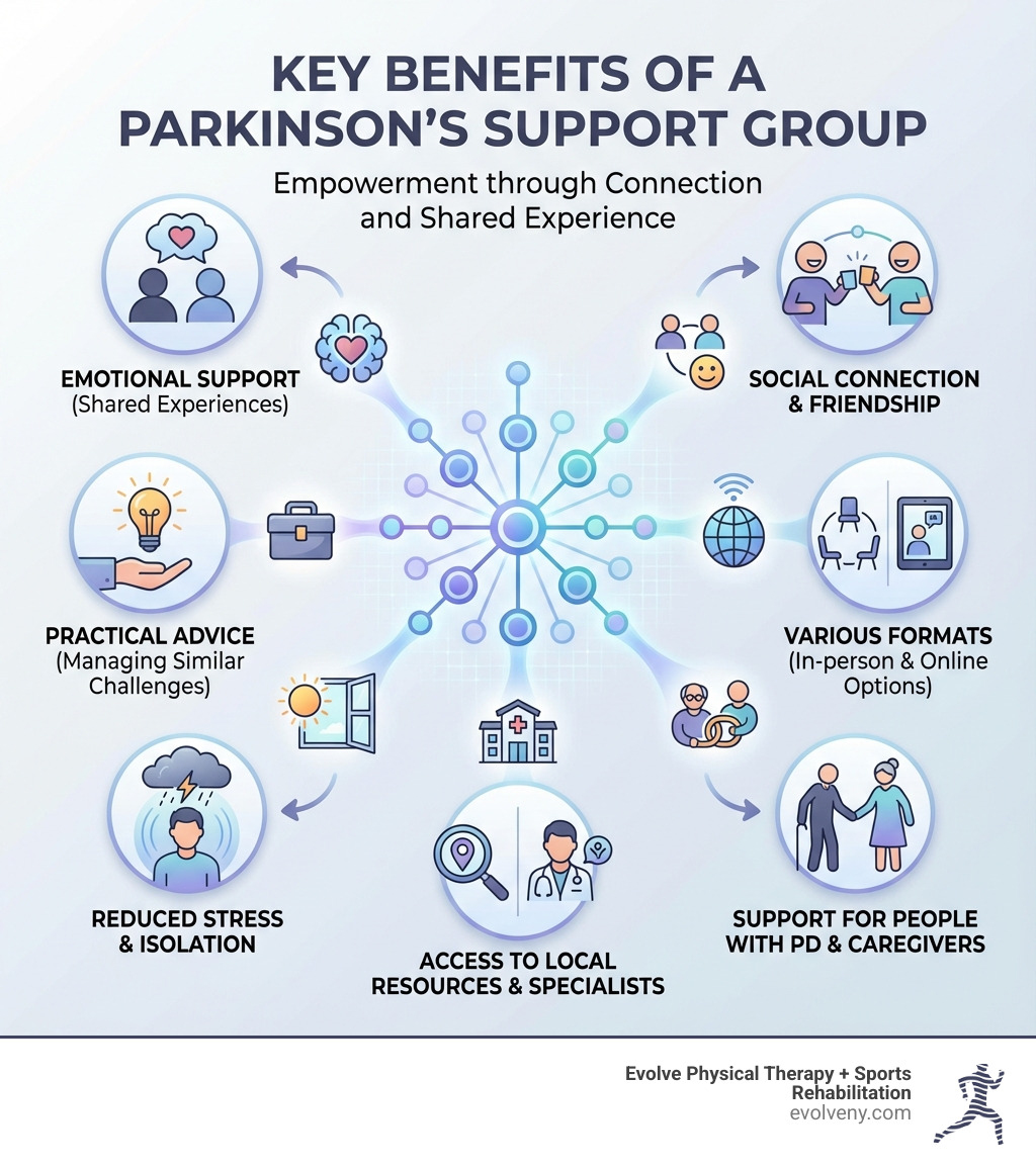 Infographic showing the key benefits of joining a Parkinson's support group: emotional support through shared experiences, practical advice from people managing similar challenges, reduced stress and isolation, access to local resources and specialists, support for both people with PD and their caregivers, various formats including in-person and online options, and opportunities for social connection and friendship - parkinson's support group infographic 