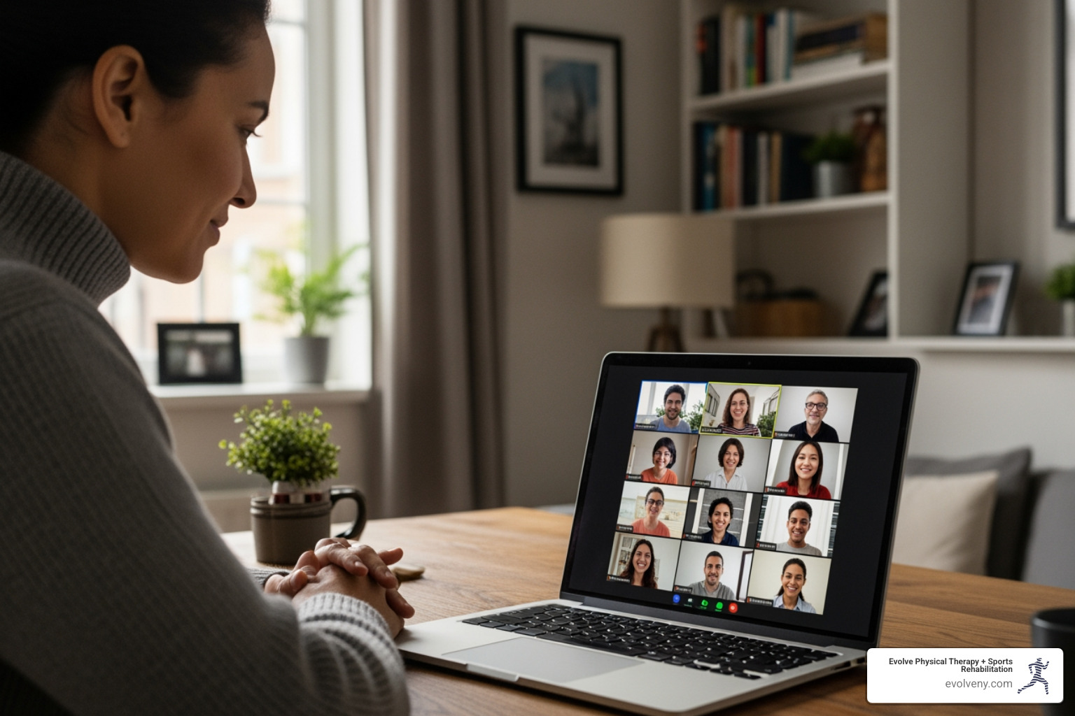A person attending a virtual Parkinson's support group meeting on a laptop screen, showing multiple participants in video frames, indicating an online community - parkinson's support group