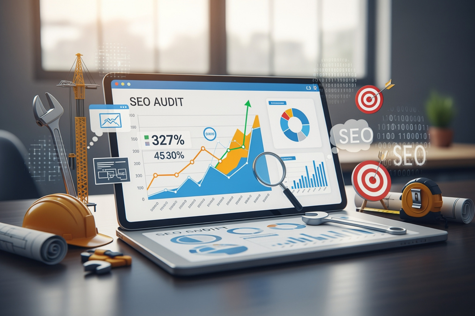dashboard showing key SEO KPIs like organic sessions, keyword rankings, and conversions - seo audit for construction businesses
