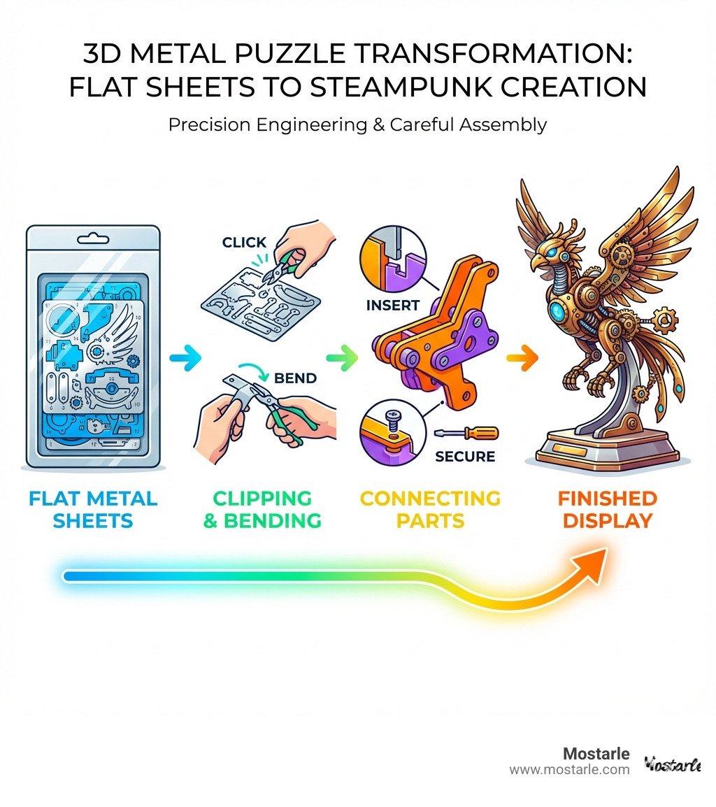 Infographic showing the transformation process of a 3D metal puzzle: starting with flat laser-cut metal sheets in packaging, progressing through careful clipping and bending of pieces, connecting parts via tabs and slots or screws, and ending with a fully assembled steampunk mechanical creature on display - 3d metal building puzzle infographic 