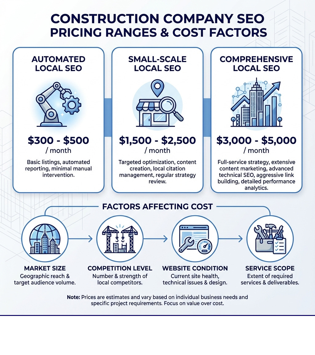 Infographic showing SEO pricing ranges for construction companies: Automated Local SEO ($300-$500/month), Small-Scale Local SEO ($1,500-$2,500/month), and Comprehensive Local SEO ($3,000-$5,000/month), with factors affecting cost including market size, competition level, website condition, and service scope - seo price construction company infographic 