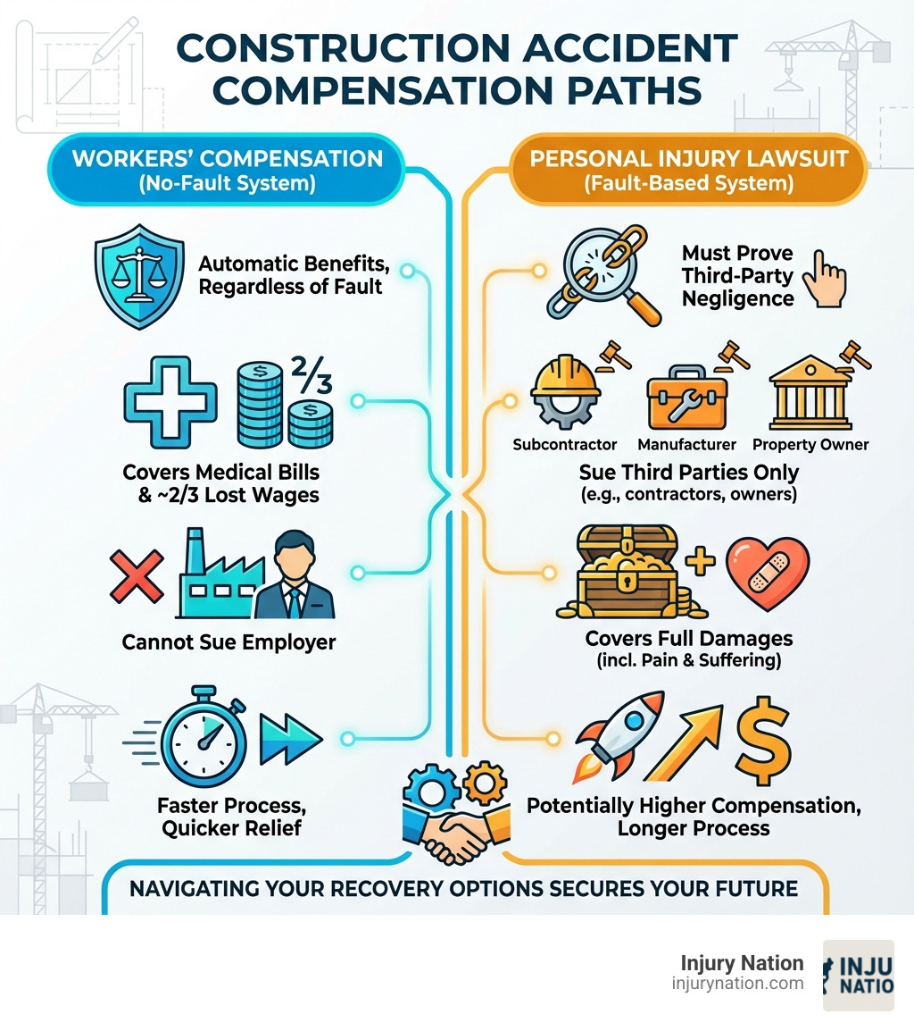 Infographic showing two main compensation paths: Workers' Compensation (Left side) - No-fault system, covers medical bills and 2/3 wages, cannot sue employer, faster process; Personal Injury Lawsuit (Right side) - Must prove negligence, sue third parties only, covers full damages including pain and suffering, potentially higher compensation - Construction accident compensation infographic 