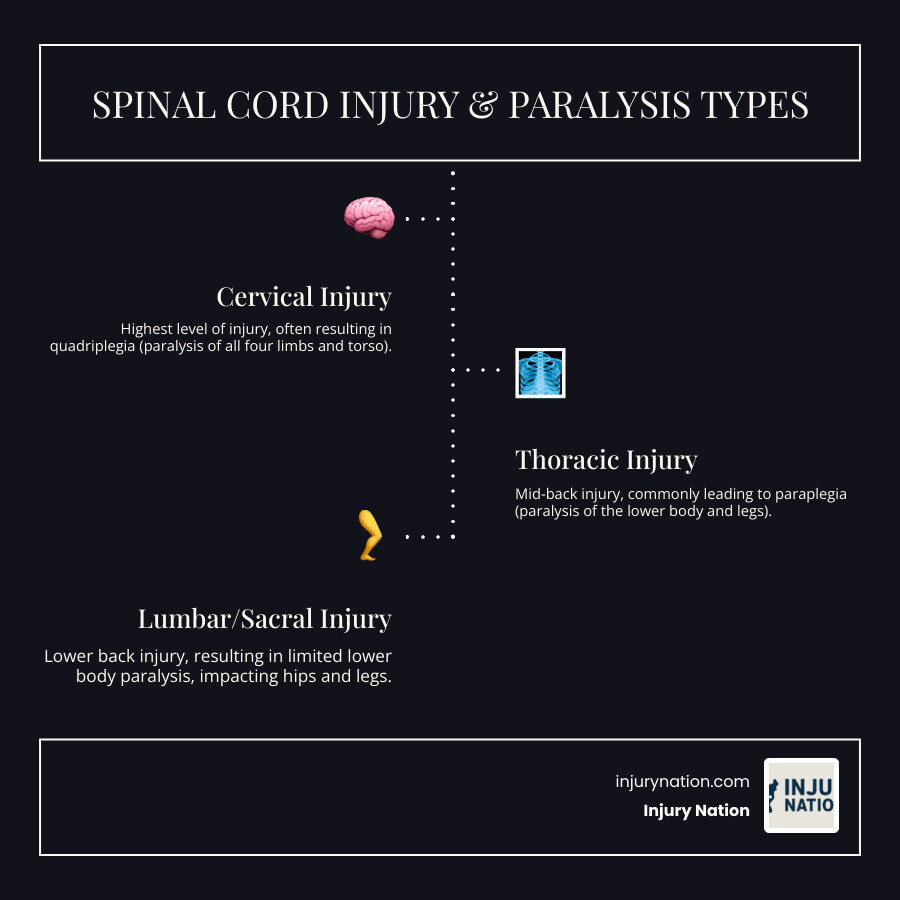 Infographic showing spinal cord injury levels and resulting paralysis types: cervical injury leading to quadriplegia, thoracic injury leading to paraplegia, lumbar and sacral injuries resulting in limited lower body paralysis - Paralysis injury lawsuit infographic infographic-line-3-steps-dark
