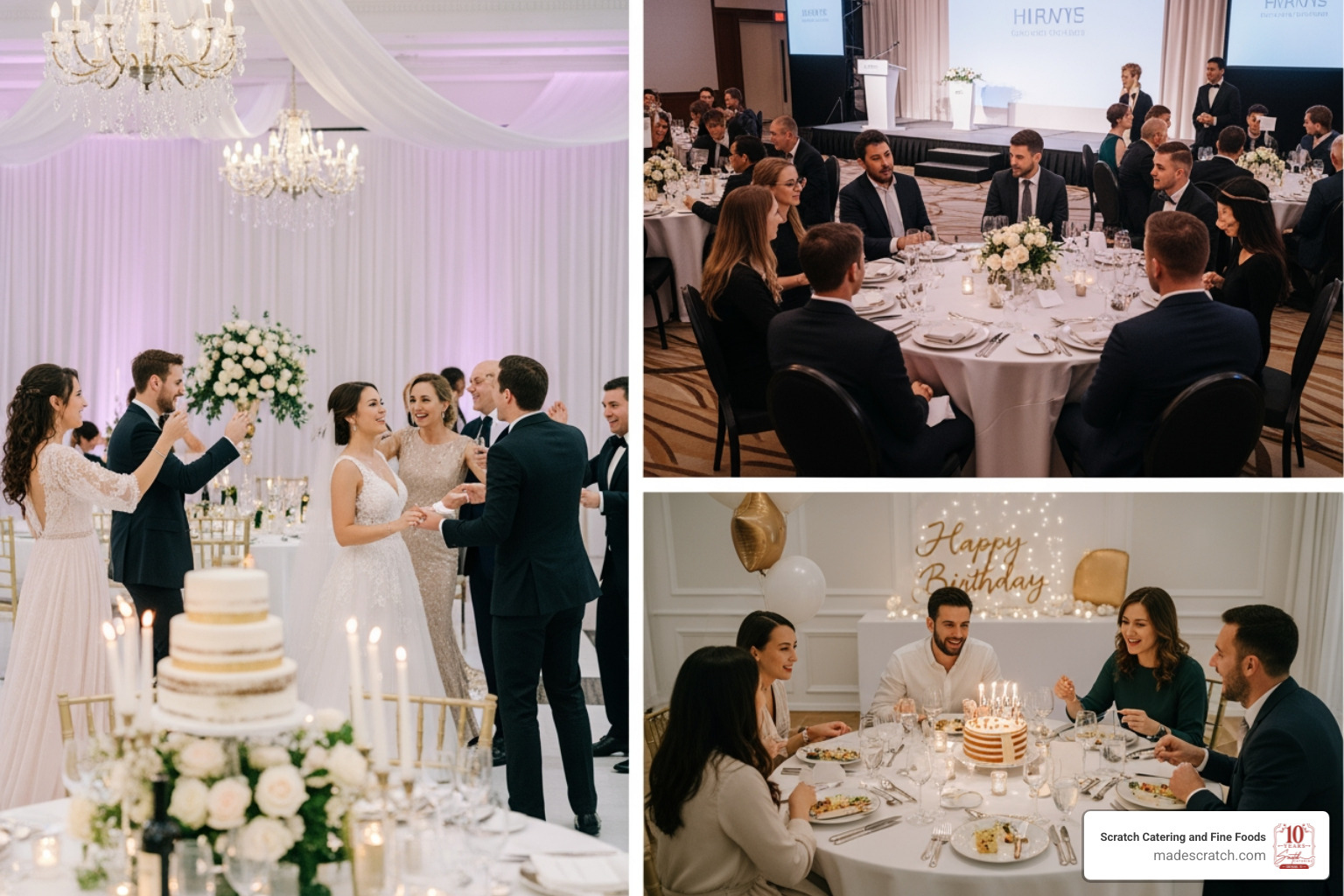 collage showing diverse events: a wedding reception, a corporate gala, and an intimate birthday dinner - Special occasion catering