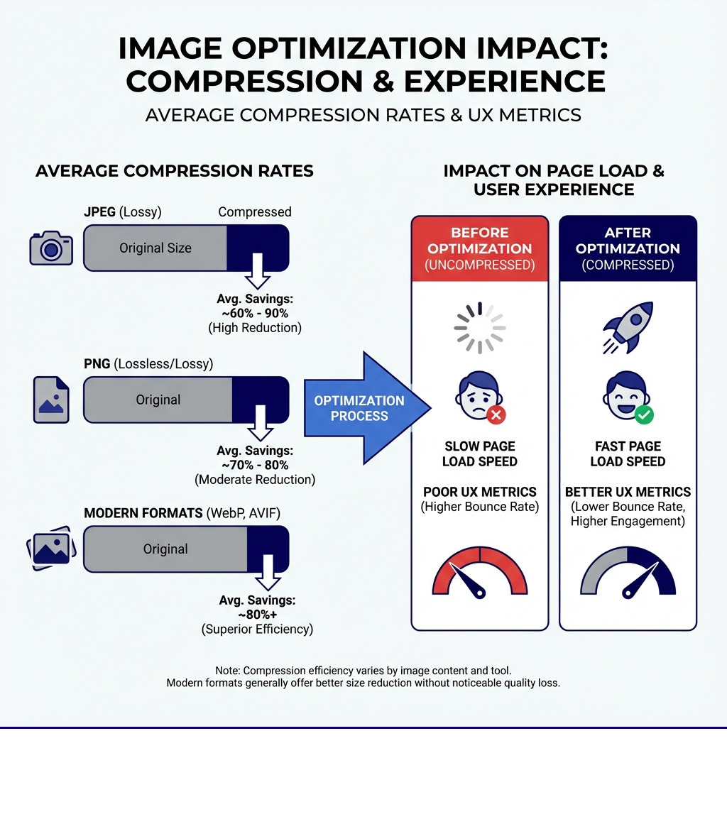 infographic showing average compression rates for different image formats and how they impact page load speed and user experience metrics - image optimization tools infographic 