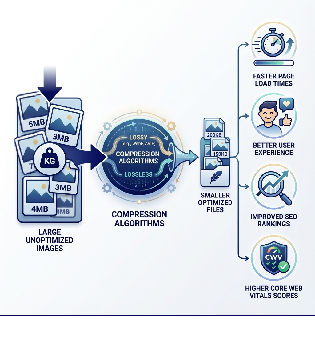 infographic showing how image compression reduces file size from large unoptimized images through compression algorithms to smaller optimized files, resulting in faster page load times, better user experience, improved SEO rankings, and higher Core Web Vitals scores - image optimization tools infographic 