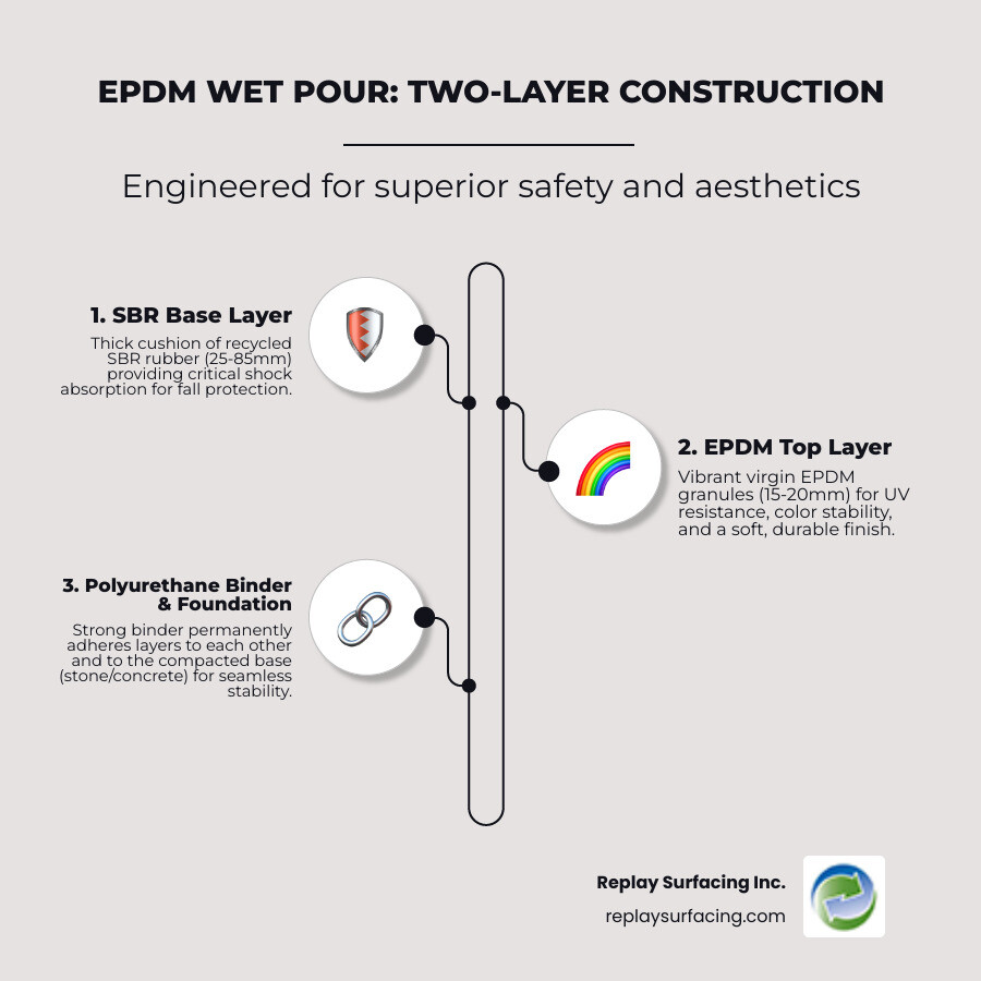 Infographic showing the two-layer construction of EPDM wet pour rubber surfacing: bottom layer labeled "SBR Base Layer (recycled tire rubber, 25-85mm thick) provides shock absorption and meets critical fall height requirements" and top layer labeled "EPDM Top Layer (virgin colored granules, 15-20mm thick) delivers UV resistance, color stability, and softness" with polyurethane binder binding both layers together, installed over a compacted crushed stone, concrete, or asphalt base - epdm wet pour rubber surfacing infographic infographic-line-3-steps-elegant_beige