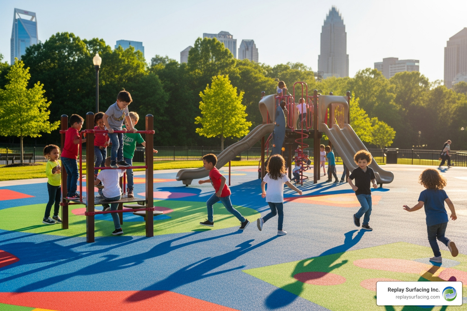 Children playing on a wet pour surface in a Charlotte park - epdm wet pour rubber surfacing