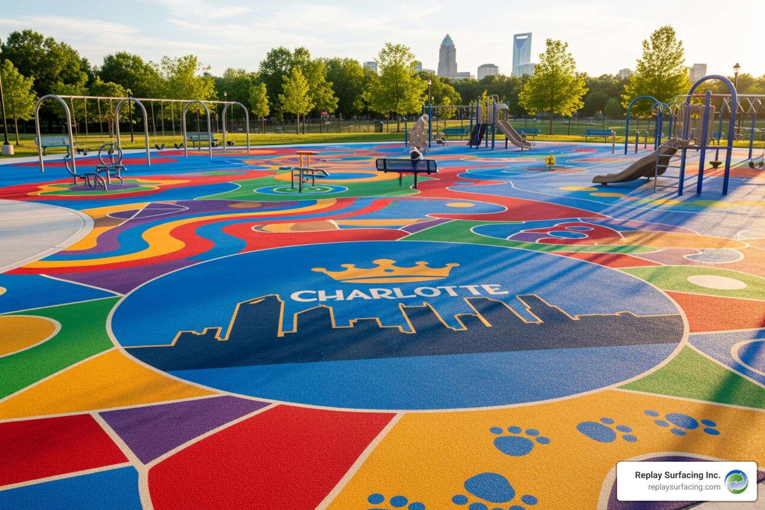 Creative wet pour surface with custom graphics and multiple colors in a community park in Charlotte - epdm wet pour rubber surfacing