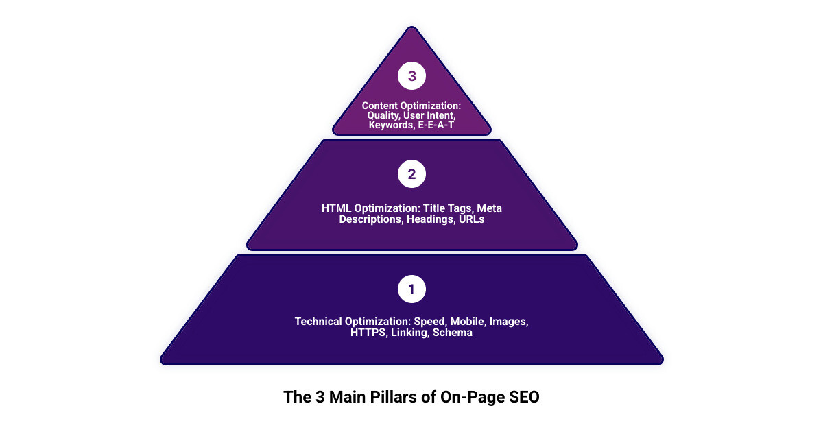 Infographic showing the three main pillars of on-page SEO: Content Optimization (including quality content, user intent matching, keyword placement, and E-E-A-T signals), HTML Optimization (including title tags, meta descriptions, heading structure, and URLs), and Technical Optimization (including page speed, mobile-friendliness, image optimization, HTTPS security, internal linking, and schema markup) - on page seo for website infographic 3_stage_pyramid