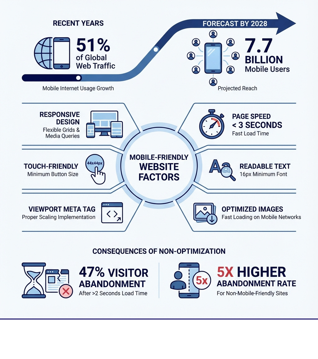Infographic showing mobile internet usage growth from 51% of global web traffic in recent years to a forecast of 7.7 billion mobile users by 2028, highlighting key mobile-friendliness factors: responsive design with flexible grids, page speed under 3 seconds, touch-friendly 44x44 pixel buttons, 16px minimum font size, viewport meta tag implementation, and optimized images, alongside statistics showing 47% visitor abandonment after 2 seconds load time and 5x higher abandonment rates for non-mobile-friendly sites - mobile friendly website infographic 