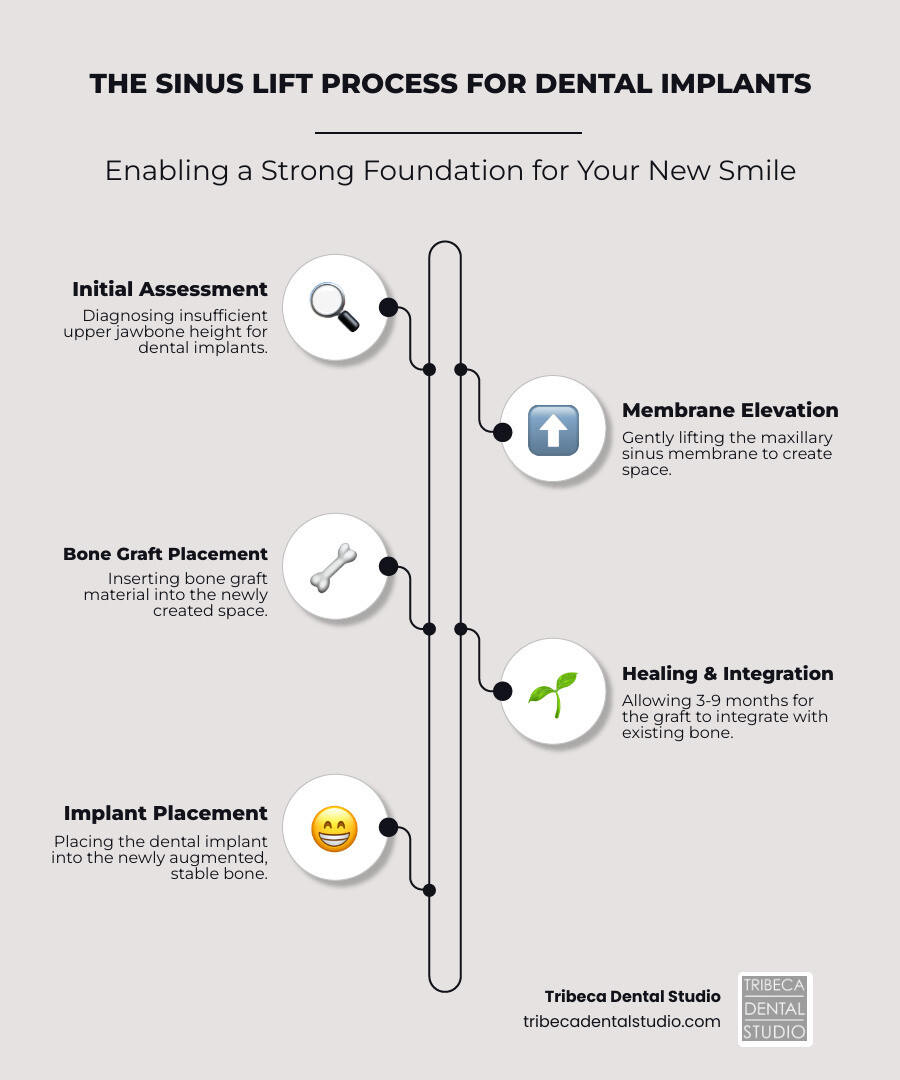 Infographic showing the sinus lift process: Step 1 - Upper jaw with insufficient bone height below maxillary sinus; Step 2 - Sinus membrane gently lifted upward; Step 3 - Bone graft material placed in created space; Step 4 - Healed bone supporting dental implant - sinus lift dental implants NYC infographic infographic-line-5-steps-elegant_beige