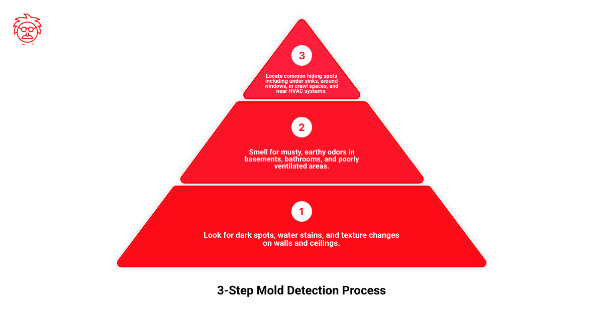 Infographic showing three-step mold detection process: Step 1 - Look for dark spots, water stains, and texture changes on walls and ceilings; Step 2 - Smell for musty, earthy odors in basements, bathrooms, and poorly ventilated areas; Step 3 - Locate common hiding spots including under sinks, around windows, in crawl spaces, and near HVAC systems - how to check for black mold infographic 3_stage_pyramid