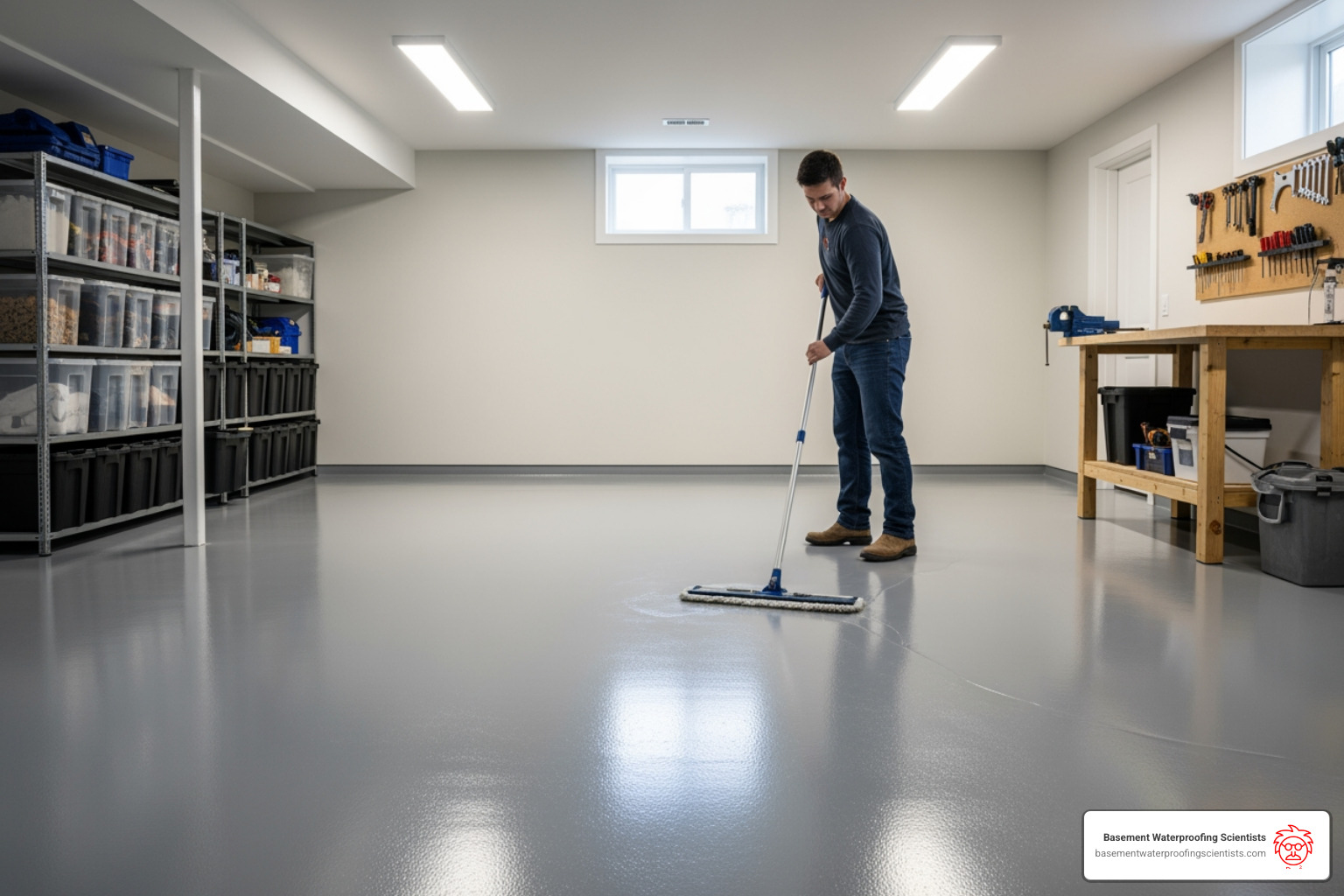 Image of a person easily mopping a seamless epoxy floor - basement epoxy paint
