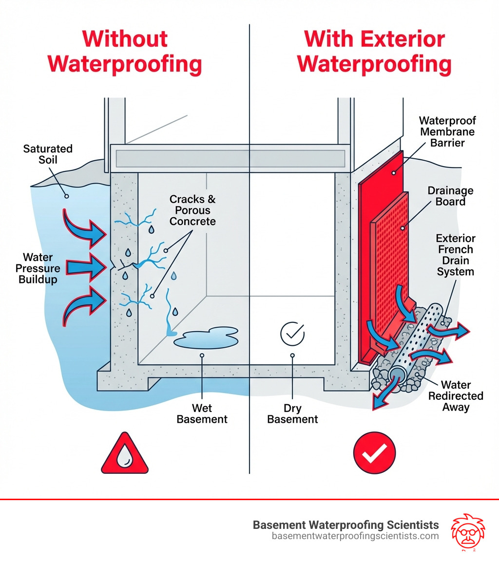 Infographic showing how water pressure builds up against foundation walls from saturated soil, and how exterior waterproofing creates a protective barrier using membranes and drainage systems to redirect water away from the foundation before it can penetrate through cracks or porous concrete - Exterior basement wall waterproofing infographic 