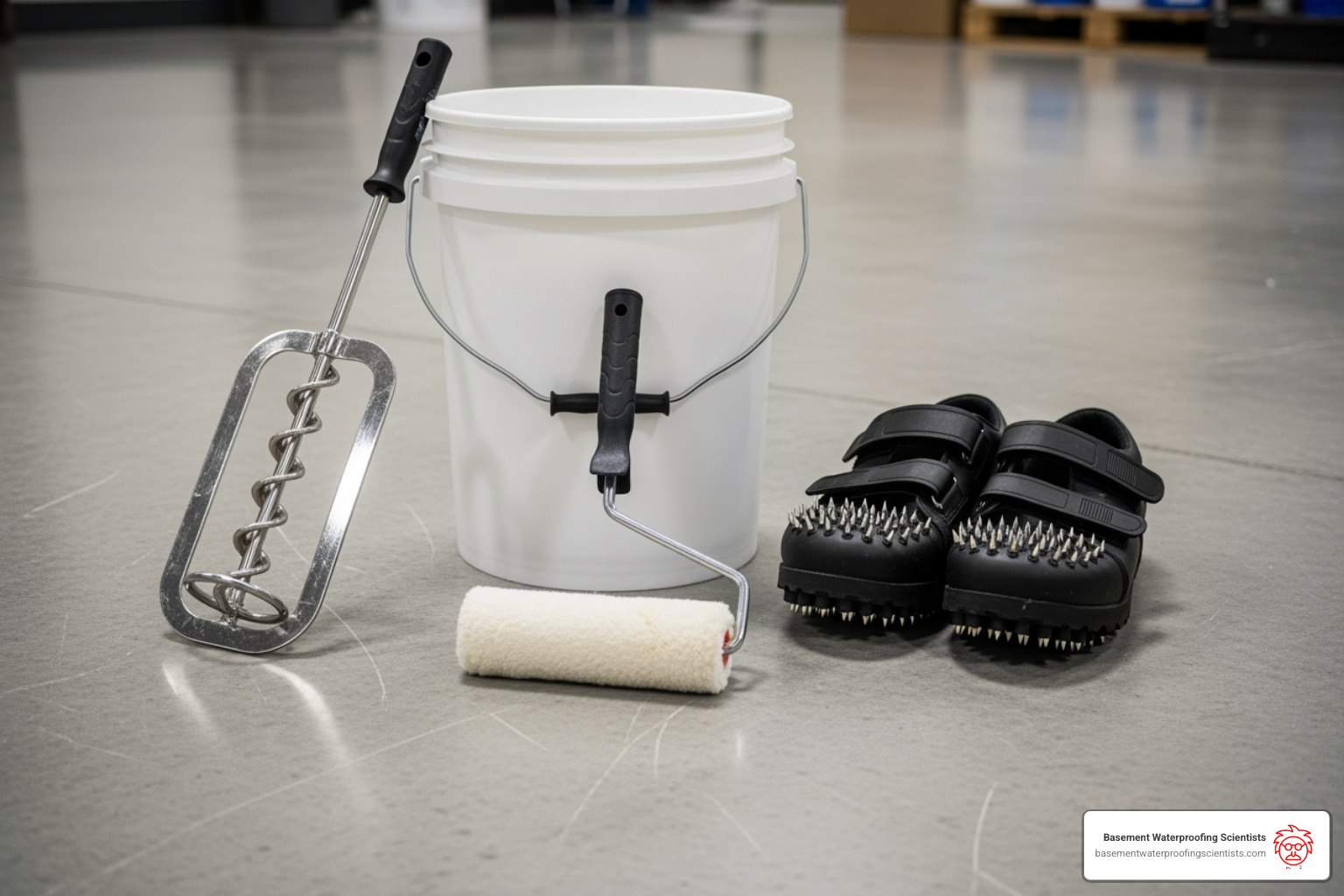 Image of tools needed for epoxy application: roller, bucket, mixing paddle, spiked shoes - basement epoxy paint