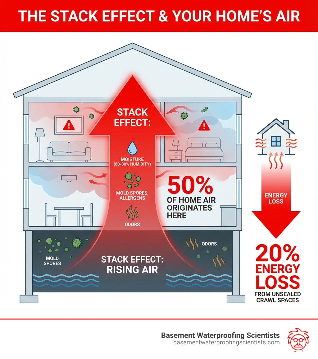 Infographic showing the stack effect: 50% of home air originates from crawl space, rising through floors and walls, carrying moisture (60-80% humidity), mold spores, allergens, and odors into living spaces, while also showing 20% energy loss from unsealed crawl spaces - crawl space waterproofing company infographic Infographic showing the stack effect: 50% of home air originates from crawl space, rising through floors and walls, carrying moisture (60-80% humidity), mold spores, allergens, and odors into living spaces, while also showing 20% energy loss from unsealed crawl spaces - crawl space waterproofing company infographic