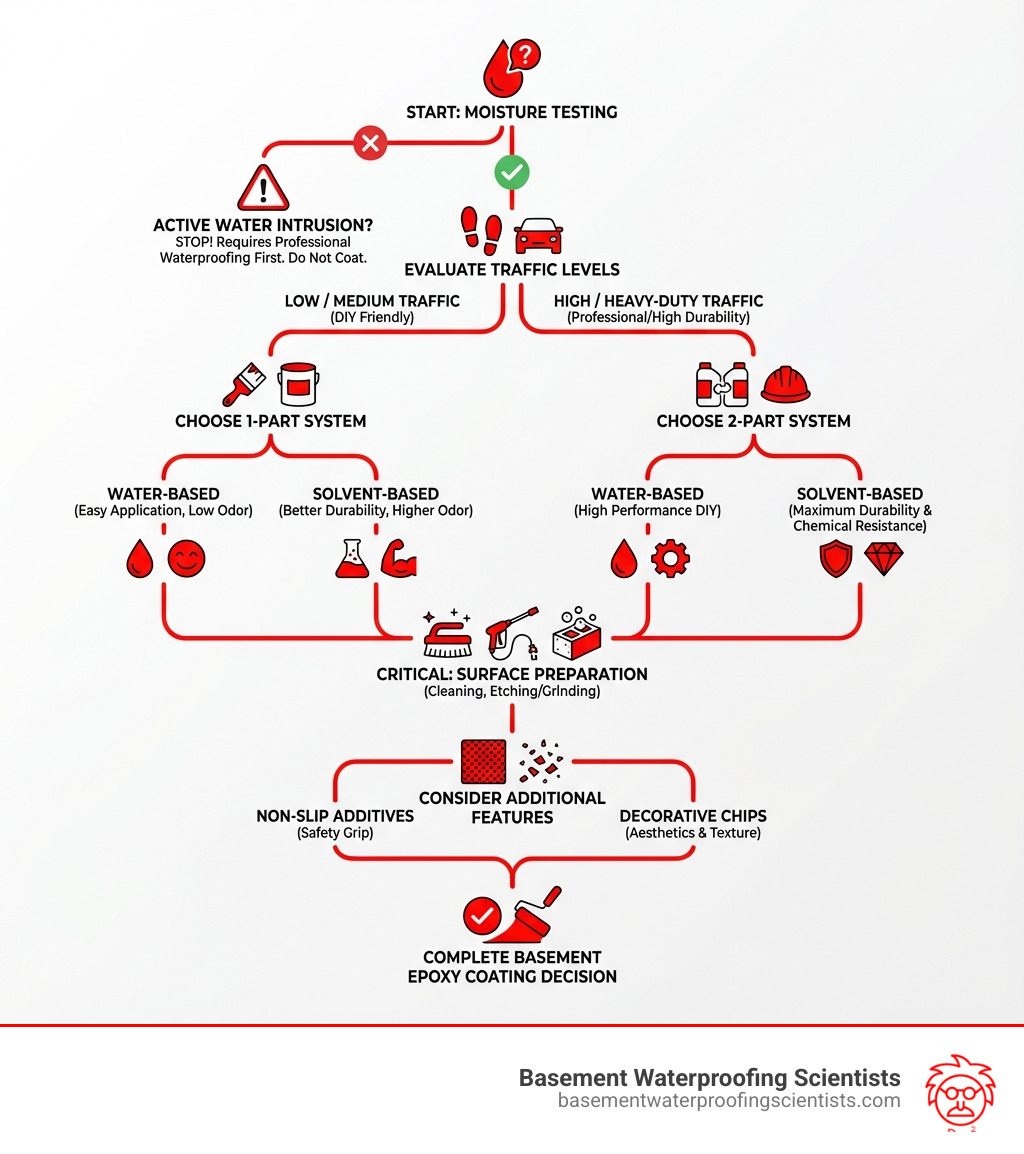 Infographic showing the complete basement epoxy paint decision tree: Start with moisture testing, then evaluate traffic levels, choose between 1-part or 2-part systems based on durability needs, select water-based for DIY ease or solvent-based for maximum durability, factor in surface preparation requirements including cleaning and etching, consider additional features like non-slip additives or decorative chips, and understand that active water intrusion requires professional waterproofing before any coating application - basement epoxy paint infographic 