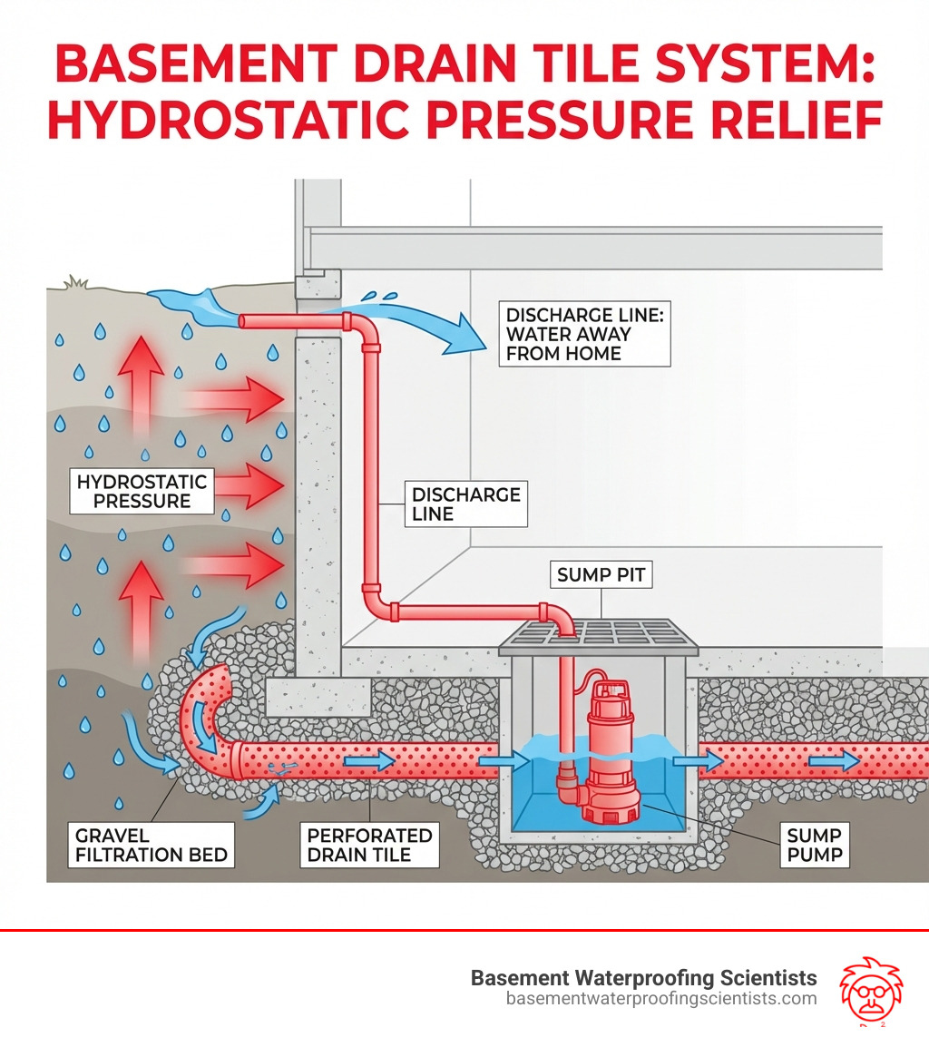 infographic showing cross-section of a basement with a drain tile system: perforated pipe around foundation perimeter collecting water, gravel bed for filtration, water flowing to sump pit, sump pump discharging water away from home through discharge line, and arrows showing how hydrostatic pressure is relieved - basement tile system infographic infographic showing cross-section of a basement with a drain tile system: perforated pipe around foundation perimeter collecting water, gravel bed for filtration, water flowing to sump pit, sump pump discharging water away from home through discharge line, and arrows showing how hydrostatic pressure is relieved - basement tile system infographic