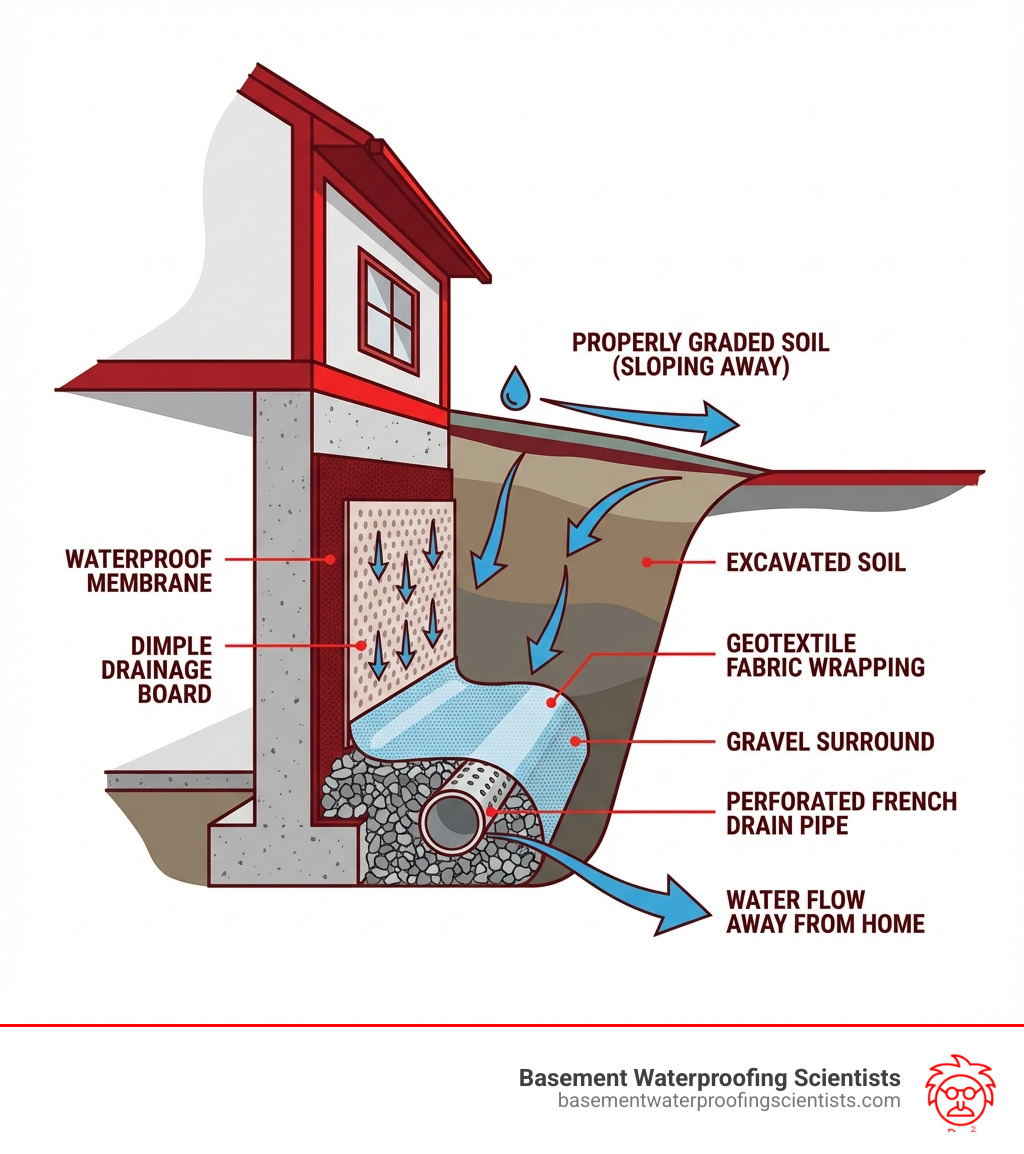Infographic showing cross-section of a home foundation with labeled components: excavated soil around foundation, waterproof membrane applied to exterior wall, dimple drainage board protecting membrane, perforated French drain pipe at footing level surrounded by gravel, geotextile fabric wrapping, and properly graded soil sloping away from foundation with water arrows showing drainage flow away from home - best way to waterproof basement from outside infographic 