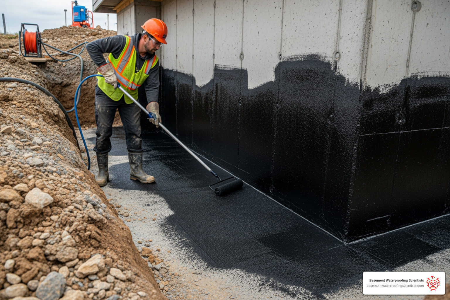 worker applying a liquid membrane to an exposed foundation wall - best way to waterproof basement from outside