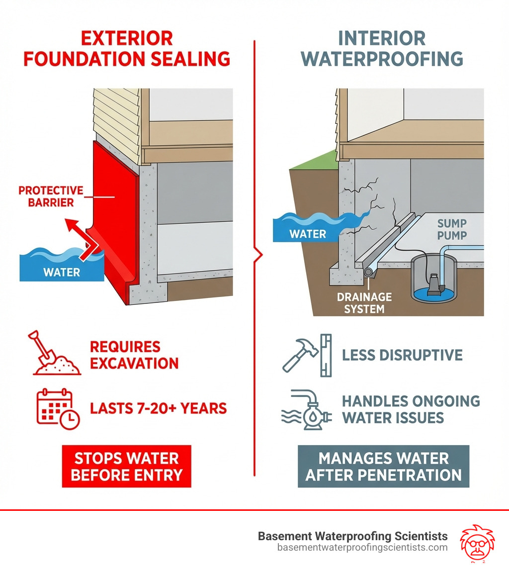 Infographic showing the comparison between exterior foundation sealing (applied to outside of wall, stops water before entry, requires excavation, lasts 7-20+ years) versus interior waterproofing (manages water after penetration, uses drainage systems and sump pumps, less disruptive, handles ongoing water issues) - foundation sealer exterior infographic 