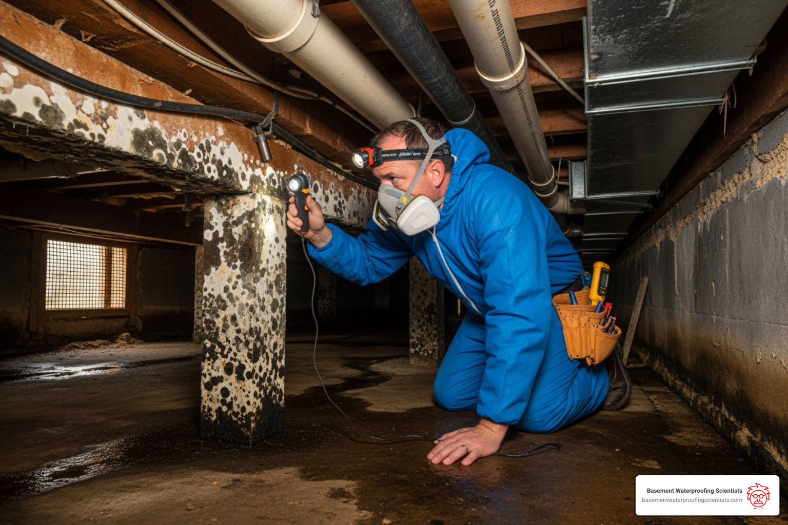 professional inspecting a damp and moldy crawl space - crawl space encapsulation cost professional inspecting a damp and moldy crawl space - crawl space encapsulation cost