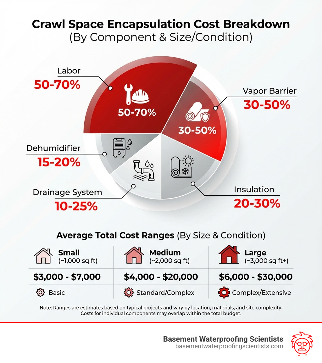 infographic showing crawl space encapsulation cost breakdown by component: vapor barrier 30-50%, labor 50-70%, dehumidifier 15-20%, drainage system 10-25%, insulation 20-30%, with average total cost ranges by crawl space size and condition - crawl space encapsulation cost infographic infographic showing crawl space encapsulation cost breakdown by component: vapor barrier 30-50%, labor 50-70%, dehumidifier 15-20%, drainage system 10-25%, insulation 20-30%, with average total cost ranges by crawl space size and condition - crawl space encapsulation cost infographic