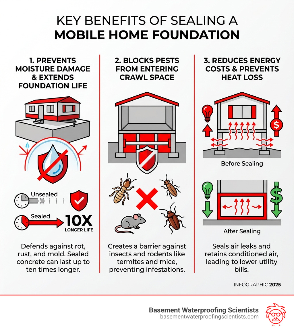 infographic showing three key benefits of sealing a mobile home foundation: 1) Prevents moisture damage and extends foundation life up to 10x longer, 2) Blocks pests like termites and rodents from entering crawl space, 3) Reduces energy costs by sealing air leaks and preventing heat loss through foundation - best sealer for mobile home foundation infographic 