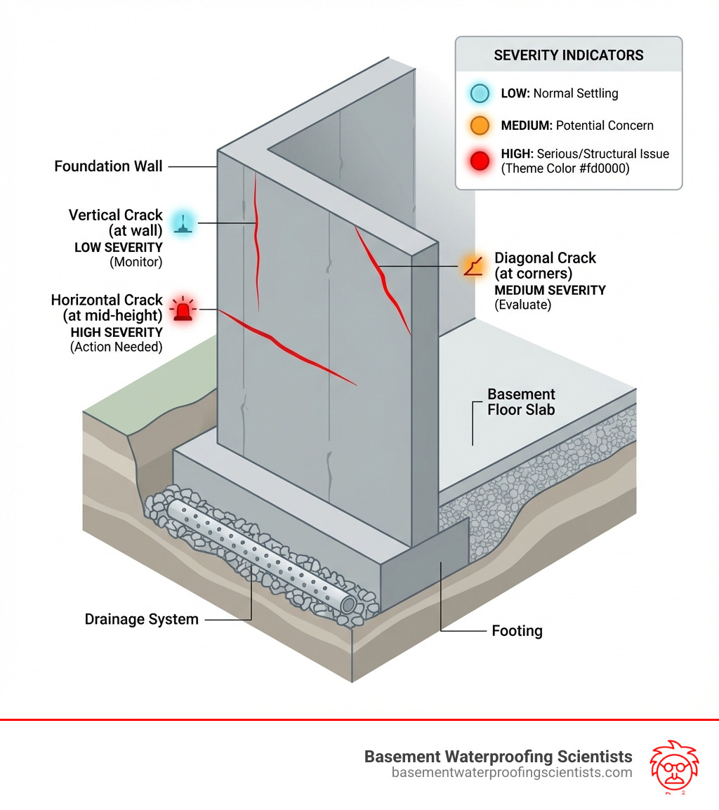 infographic showing cross-section of a poured concrete foundation with labels for footing, foundation wall, basement floor slab, drainage system, and common crack locations (vertical at wall, horizontal at mid-height, diagonal at corners), with color-coded severity indicators - cracks in poured concrete foundation infographic 