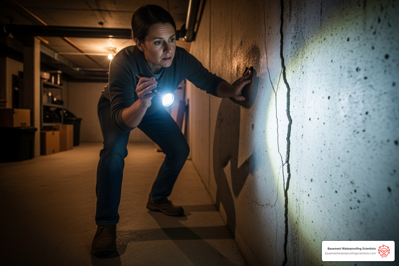 homeowner inspecting foundation crack with flashlight - cracks in poured concrete foundation