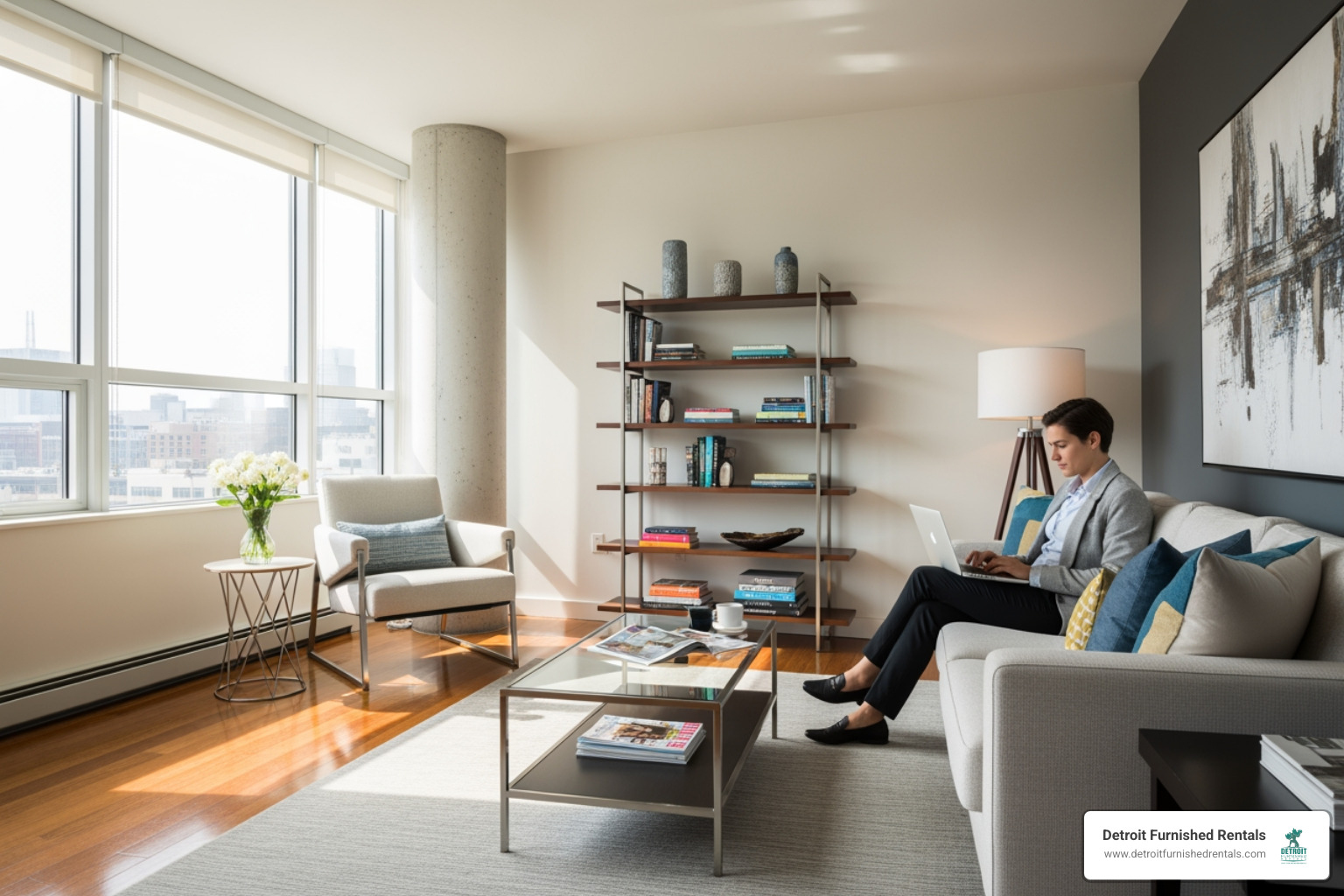 A person working comfortably on a laptop in a spacious corporate rental - corporate home rentals A person working comfortably on a laptop in a spacious corporate rental - corporate home rentals