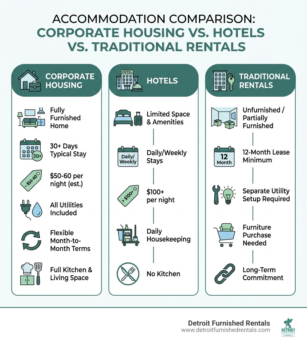 Infographic showing three columns: Corporate Housing (fully furnished home, 30+ days typical stay, $50-60 per night, all utilities included, flexible month-to-month terms, full kitchen and living space), Hotels ($100+ per night, daily/weekly stays, limited space and amenities, daily housekeeping, no kitchen), and Traditional Rentals (unfurnished or partially furnished, 12-month lease minimum, separate utility setup required, furniture purchase needed, long-term commitment) - corporate home rentals infographic Infographic showing three columns: Corporate Housing (fully furnished home, 30+ days typical stay, $50-60 per night, all utilities included, flexible month-to-month terms, full kitchen and living space), Hotels ($100+ per night, daily/weekly stays, limited space and amenities, daily housekeeping, no kitchen), and Traditional Rentals (unfurnished or partially furnished, 12-month lease minimum, separate utility setup required, furniture purchase needed, long-term commitment) - corporate home rentals infographic