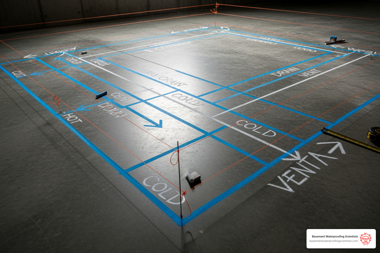 basement floor marked for plumbing layout - basement bathroom drain system