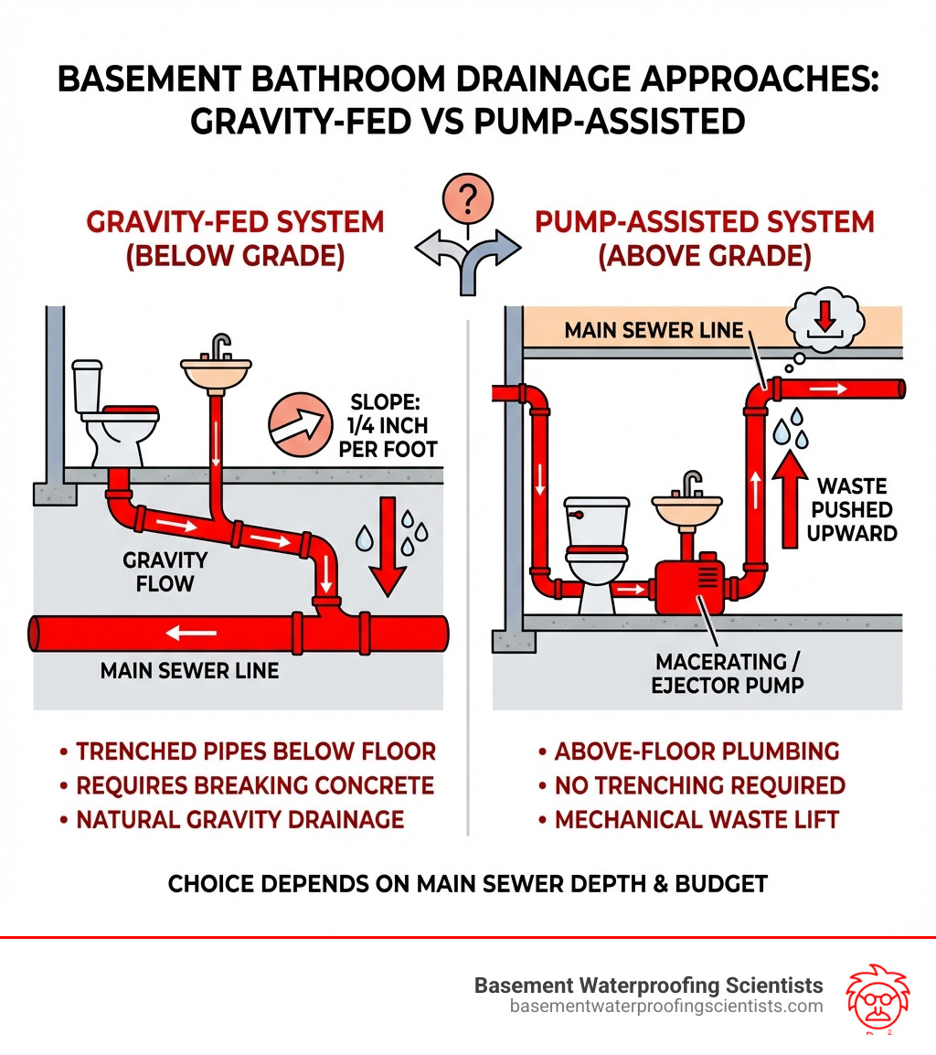 Infographic showing basement bathroom drainage approaches: Gravity-Fed System with trenched pipes sloping at 1/4 inch per foot connecting to main sewer line below basement floor vs Pump-Assisted System with above-floor plumbing using macerating or ejector pumps to move waste upward when main drain is higher than basement level - basement bathroom drain system infographic 