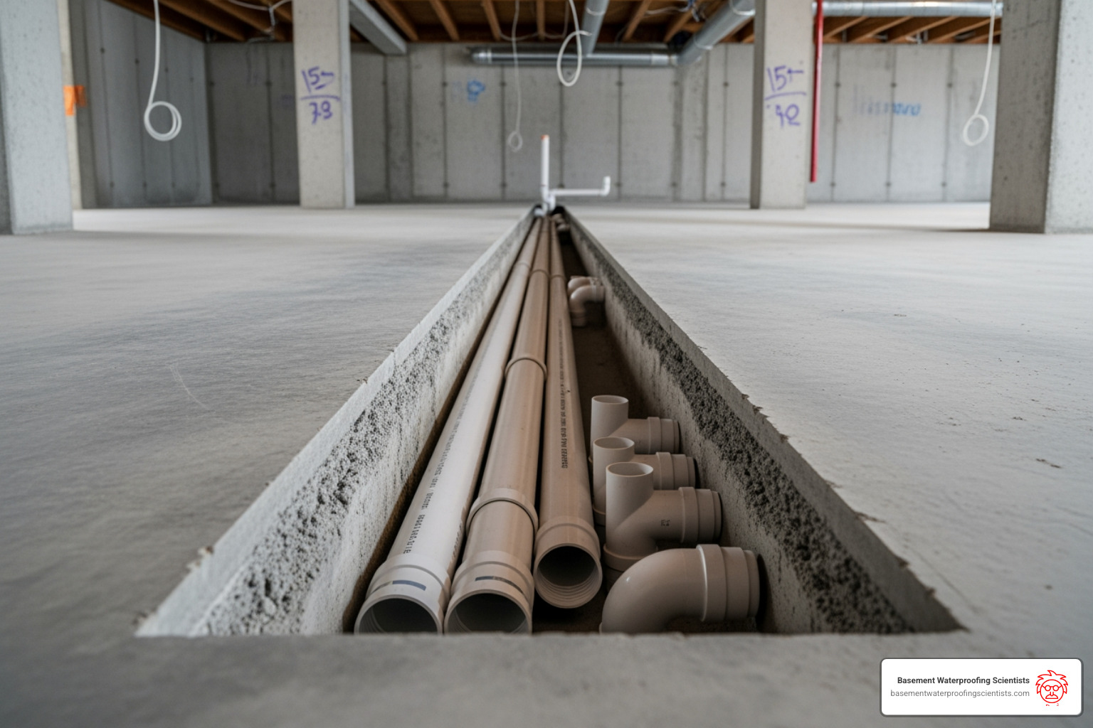 trench cut into concrete basement floor with pipes laid inside - basement bathroom drain system