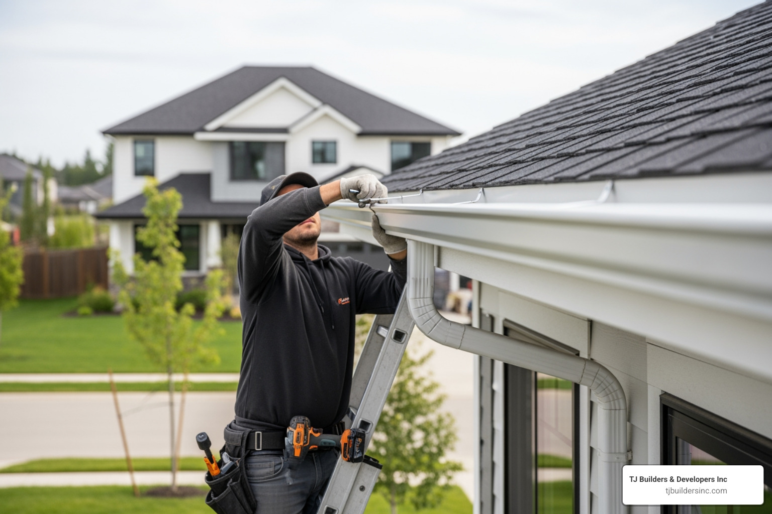 Image of seamless aluminum gutters being installed - Lakewood gutter replacement