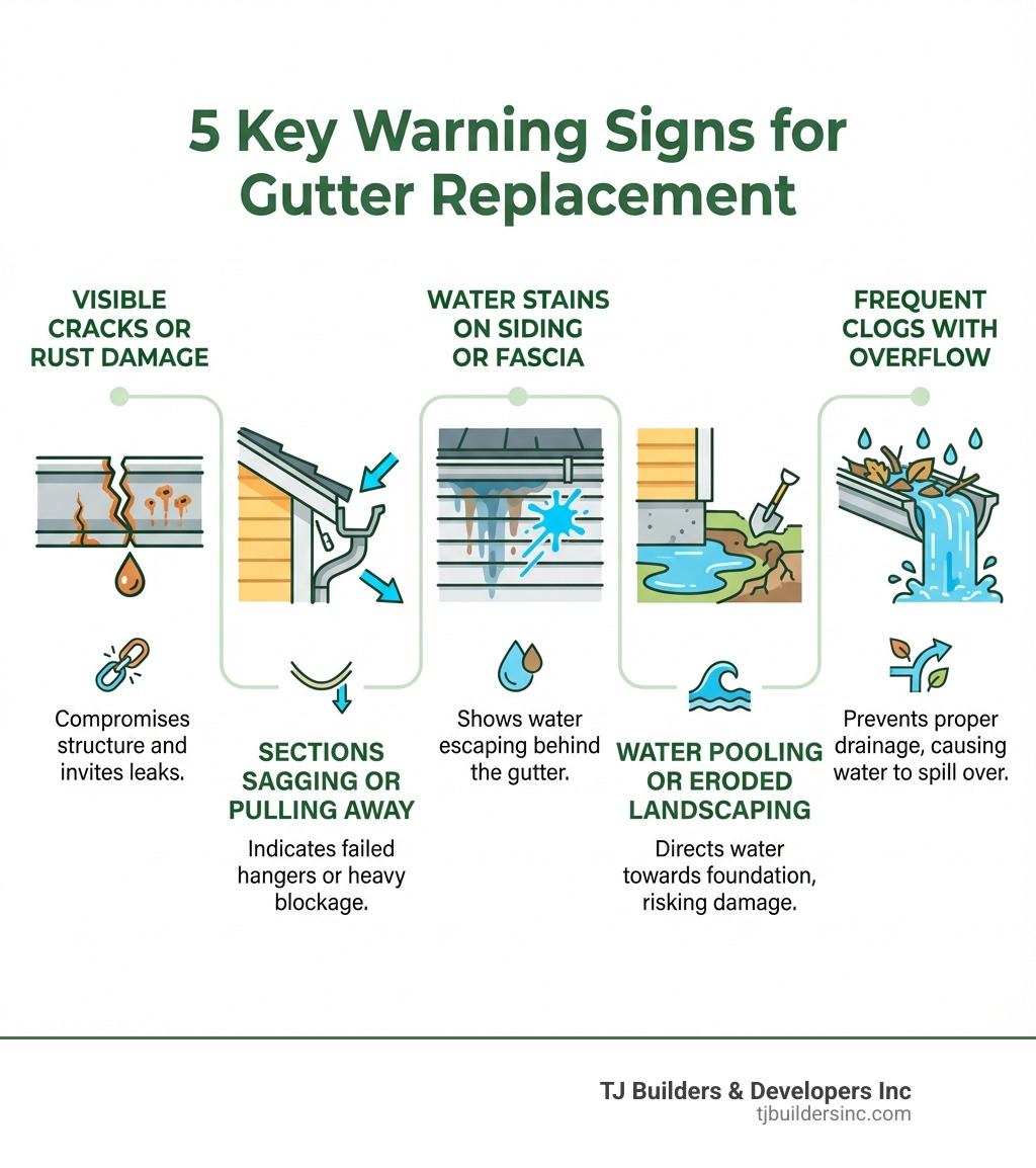 Infographic showing the 5 key warning signs that indicate you need gutter replacement: visible cracks or rust damage, sections sagging or pulling away from the house, water stains on siding or fascia boards, water pooling near the foundation or eroded landscaping, and frequent clogs with overflow during rain - Lakewood gutter replacement infographic 