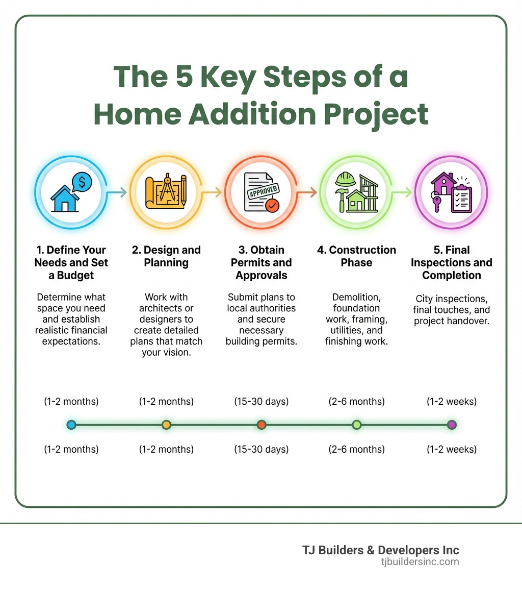 Infographic showing 5 key steps of a home addition project: 1. Define Your Needs and Set a Budget (1-2 months) - Determine what space you need and establish realistic financial expectations. 2. Design and Planning (1-2 months) - Work with architects or designers to create detailed plans that match your vision. 3. Obtain Permits and Approvals (15-30 days) - Submit plans to local authorities and secure necessary building permits. 4. Construction Phase (2-6 months) - Demolition, foundation work, framing, utilities, and finishing work. 5. Final Inspections and Completion (1-2 weeks) - City inspections, final touches, and project handover. - home addition infographic 