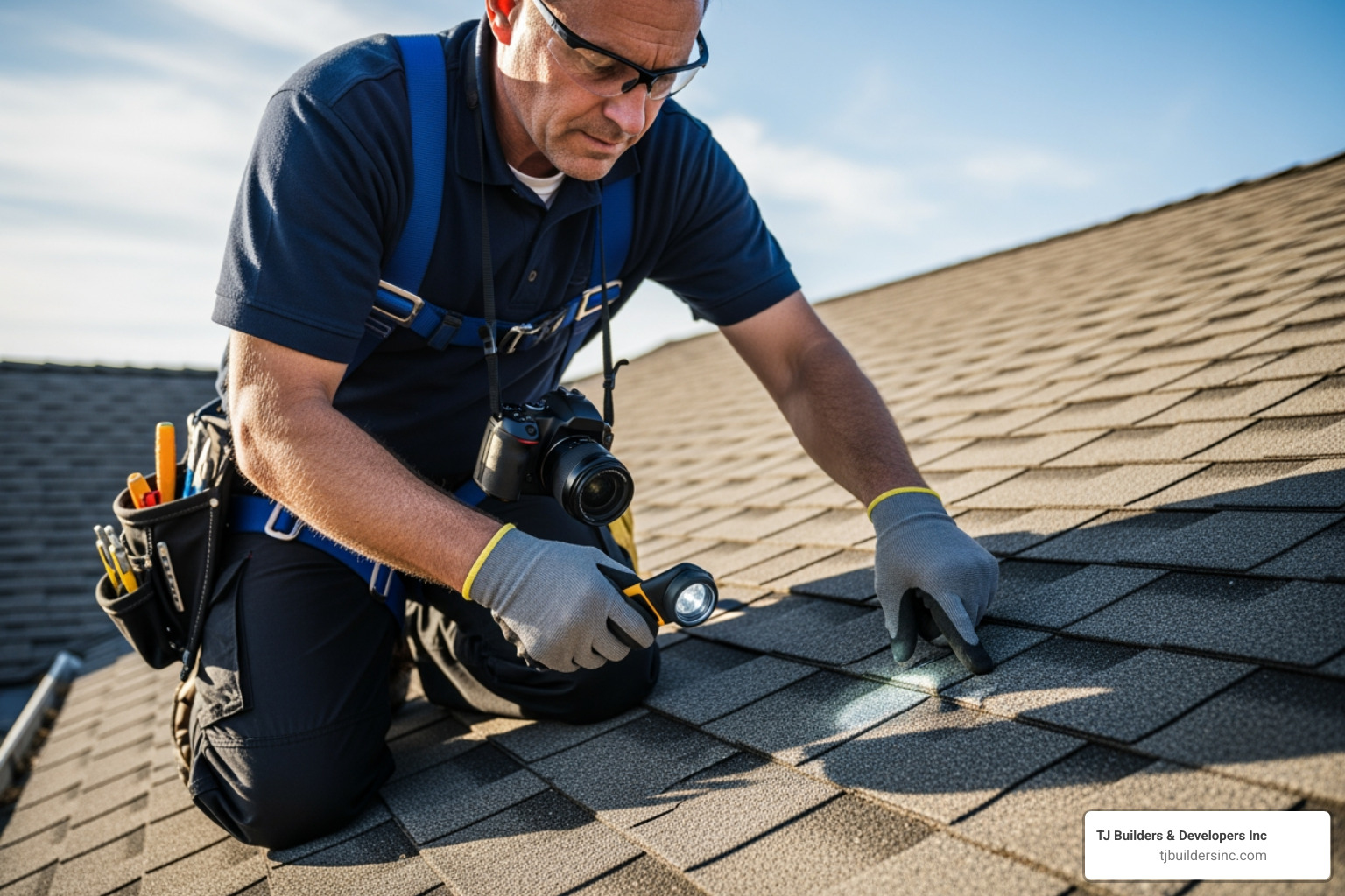 roof inspector examining shingles up close - roofing inspection companies