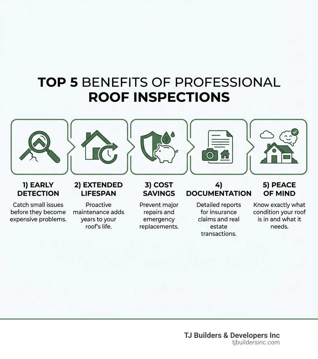 Infographic showing the top 5 benefits of professional roof inspections: 1) Early Detection - Catch small issues before they become expensive problems, 2) Extended Lifespan - Proactive maintenance adds years to your roof's life, 3) Cost Savings - Prevent major repairs and emergency replacements, 4) Documentation - Detailed reports for insurance claims and real estate transactions, 5) Peace of Mind - Know exactly what condition your roof is in and what it needs - roofing inspection companies infographic 