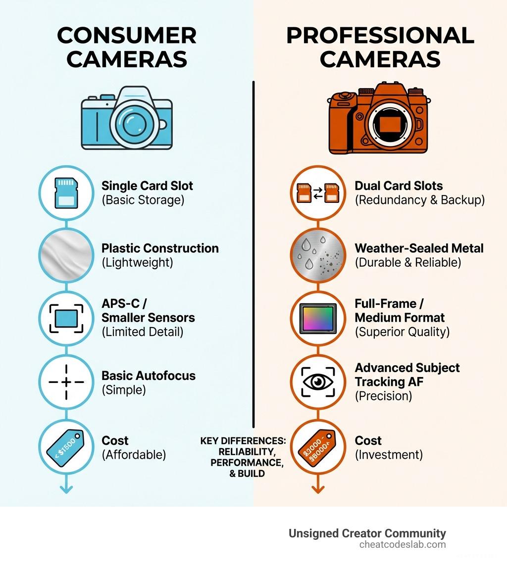 Infographic showing key differences between consumer and professional cameras: Consumer cameras have single card slots, plastic construction, smaller APS-C or smaller sensors, basic autofocus, and cost under $1500; Professional cameras have dual card slots for redundancy, weather-sealed metal construction, full-frame or medium format sensors, advanced subject tracking autofocus, and cost $2000-$6000+ - professional camera equipment infographic 