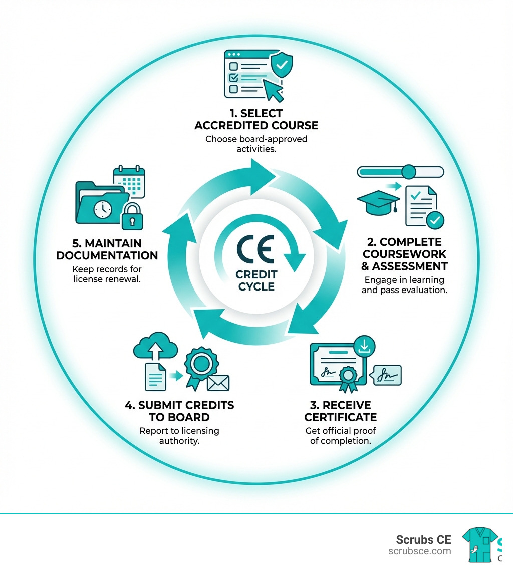 infographic showing the complete CE credit cycle from selecting an accredited course, completing the coursework and assessment, receiving your certificate, submitting credits to your licensing board, and maintaining documentation for license renewal - earn CE credits infographic infographic showing the complete CE credit cycle from selecting an accredited course, completing the coursework and assessment, receiving your certificate, submitting credits to your licensing board, and maintaining documentation for license renewal - earn CE credits infographic