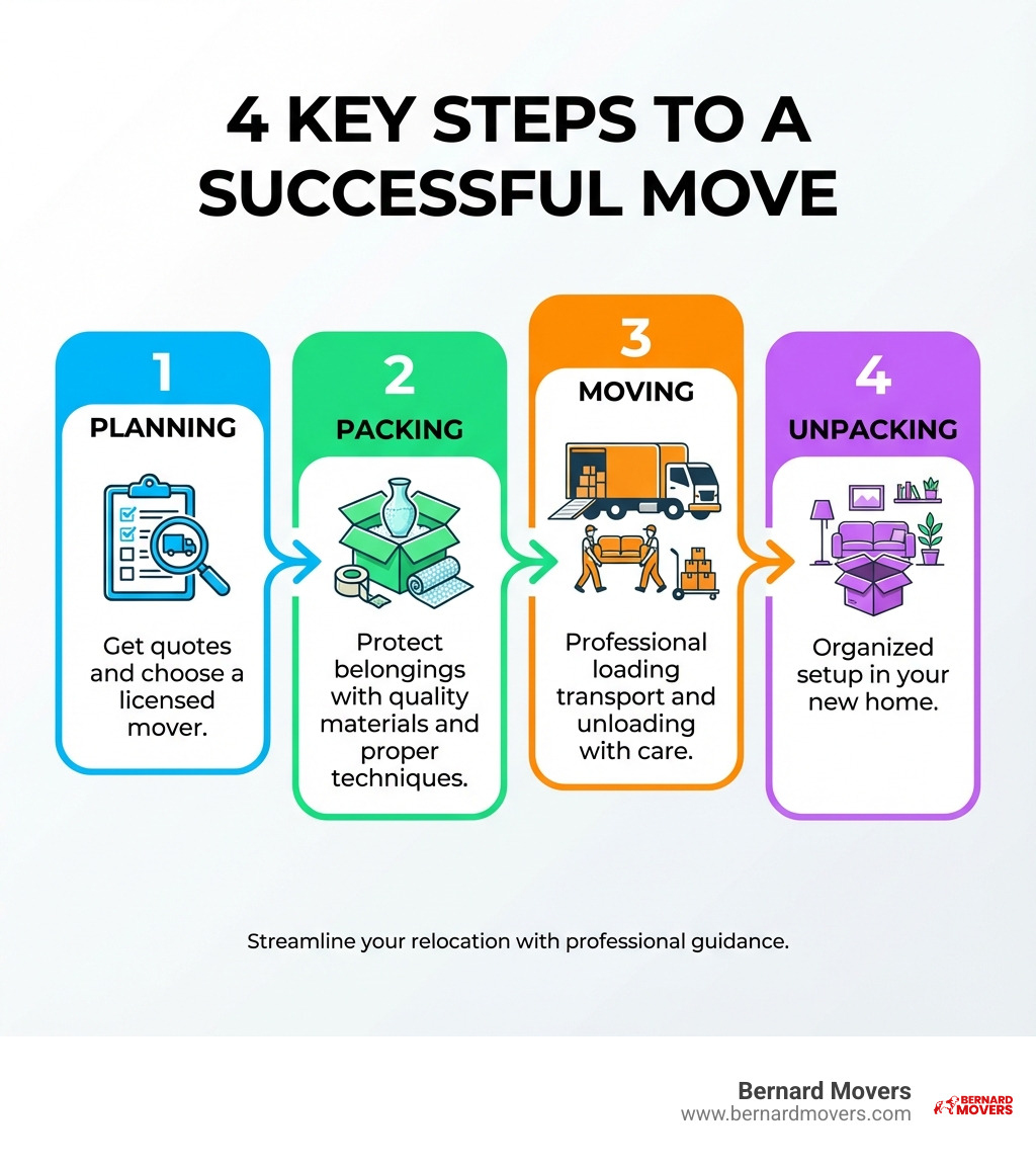 infographic showing the 4 key steps of a successful move: Step 1 Planning - get quotes and choose a licensed mover, Step 2 Packing - protect belongings with quality materials and proper techniques, Step 3 Moving - professional loading transport and unloading with care, Step 4 Unpacking - organized setup in your new home - moving services chicago il infographic 