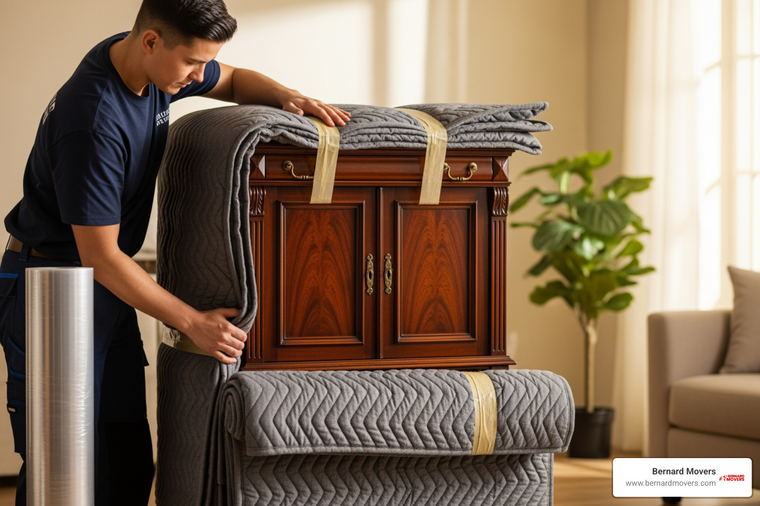 piano or antique being carefully wrapped and prepared for transport by Bernard Movers - moving services chicago il