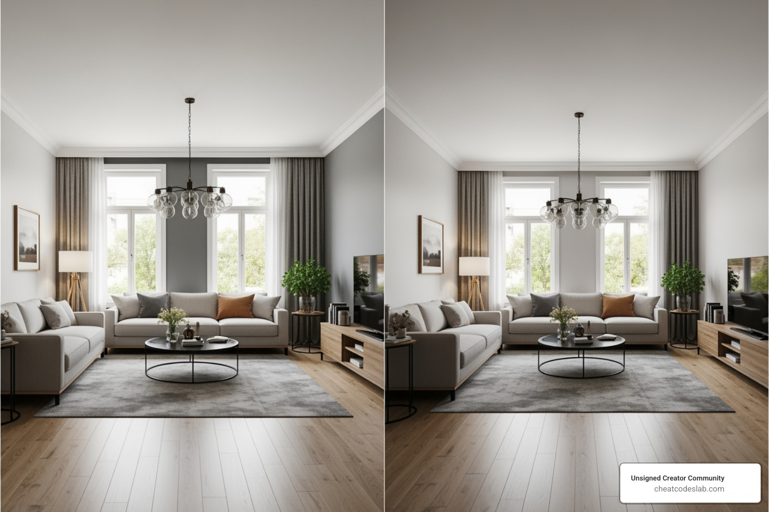 Comparison of a straight-on interior shot with vertical lines and a poorly angled shot with distorted perspective - Interior design photography